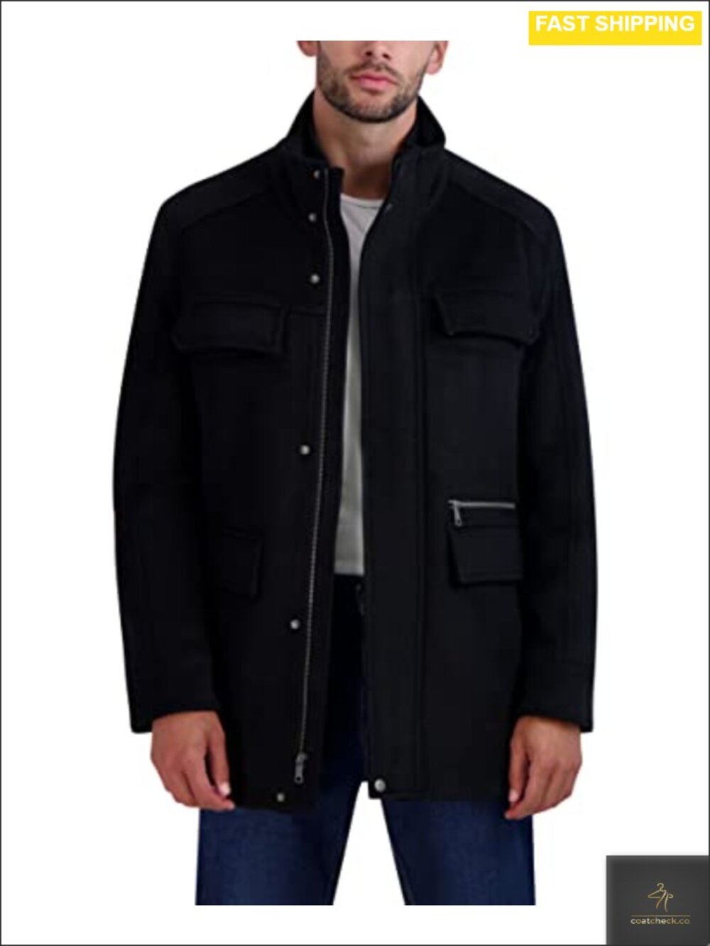 Cole Haan Mens Double Bib Collar Wool Field Coat Overcoat